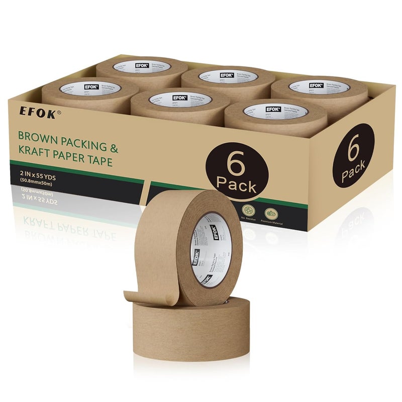EFOK 6 Rolls Brown Packing Tape 2 Inch Bulk, 2025 Upgrade Kraft Paper Packaging Tape, 2 Inch x 55 Yards, Cardboard Shipping for Packing Boxes, Tear by Hand for Express Parcels & Office Use - Image 1
